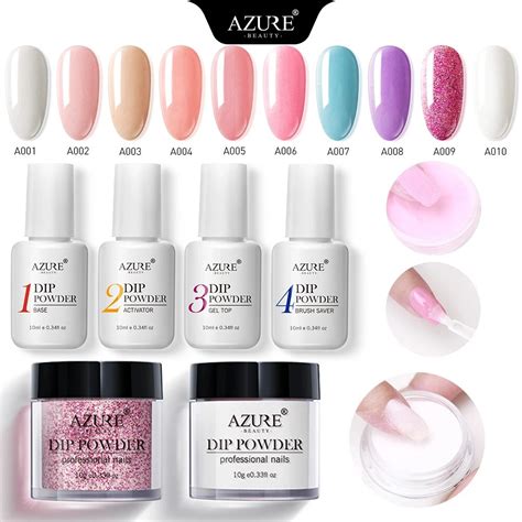 About this item Essential Choice for Beginners AZUREBEAUTY 12 Pcs All-in-1 Nail Dip Powder kit was developed especially for beginners, for a small fee you can get a complete dipping powder kit, Including 410g Spring Summer dip powder Set with hot pinkcyanblue violetindigo blue, 310ml liquid set (base coatactivatortop coat), 2liquid brush. . Azure dip powder kit